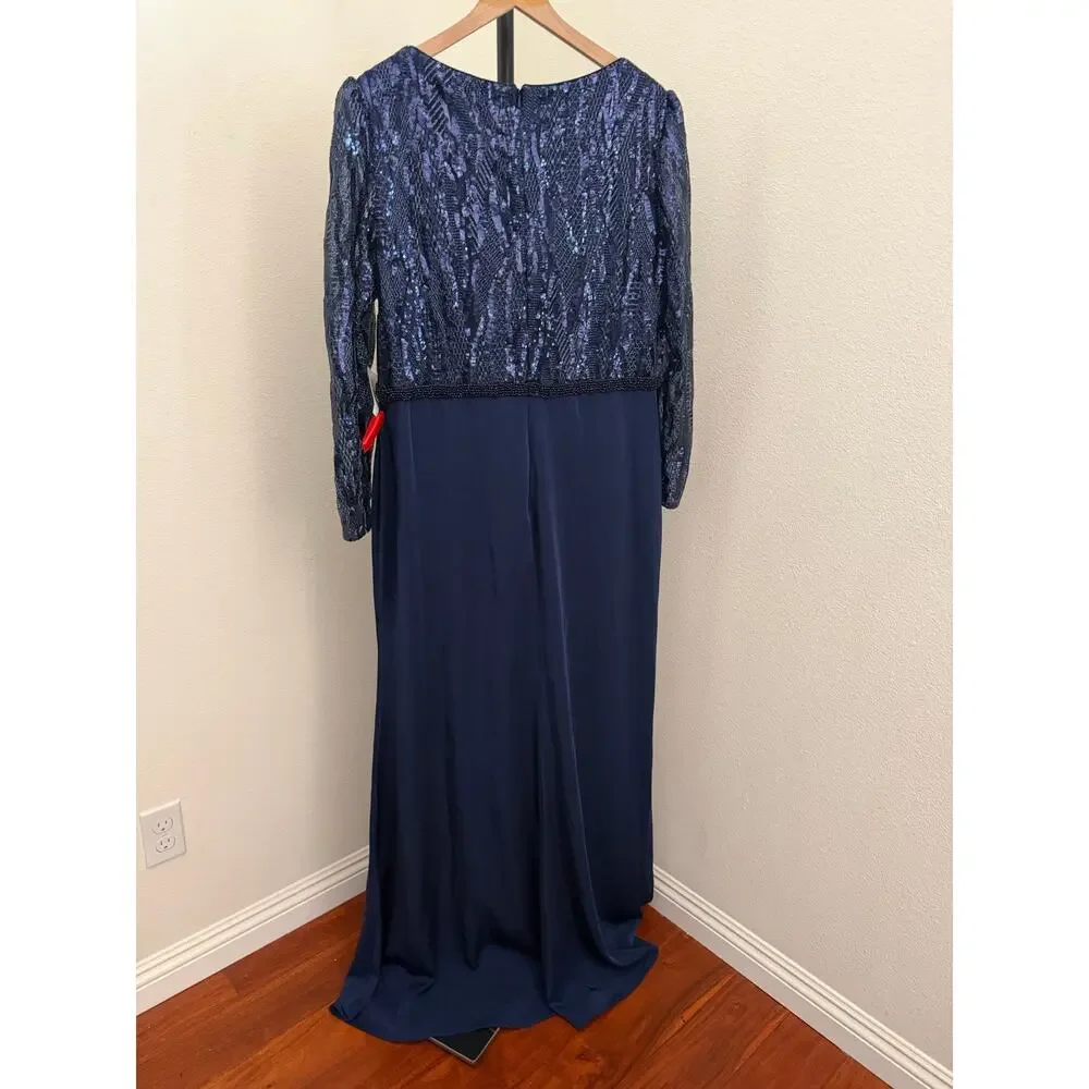 Mac Duggal Navy Embellished Long Sleeve Wrap Over Trumpet Gown Sz 18 - Picture 7 of 7